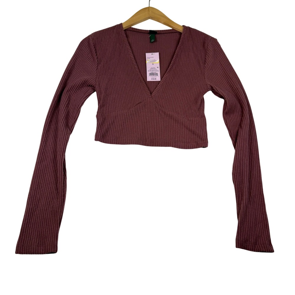Wild Fable Womens Long Sleeve Ribbed V-Neck Crop Top Mauve Plum Small NWT